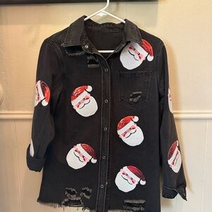 Black Denim Jacket with Santa Sequin Patches